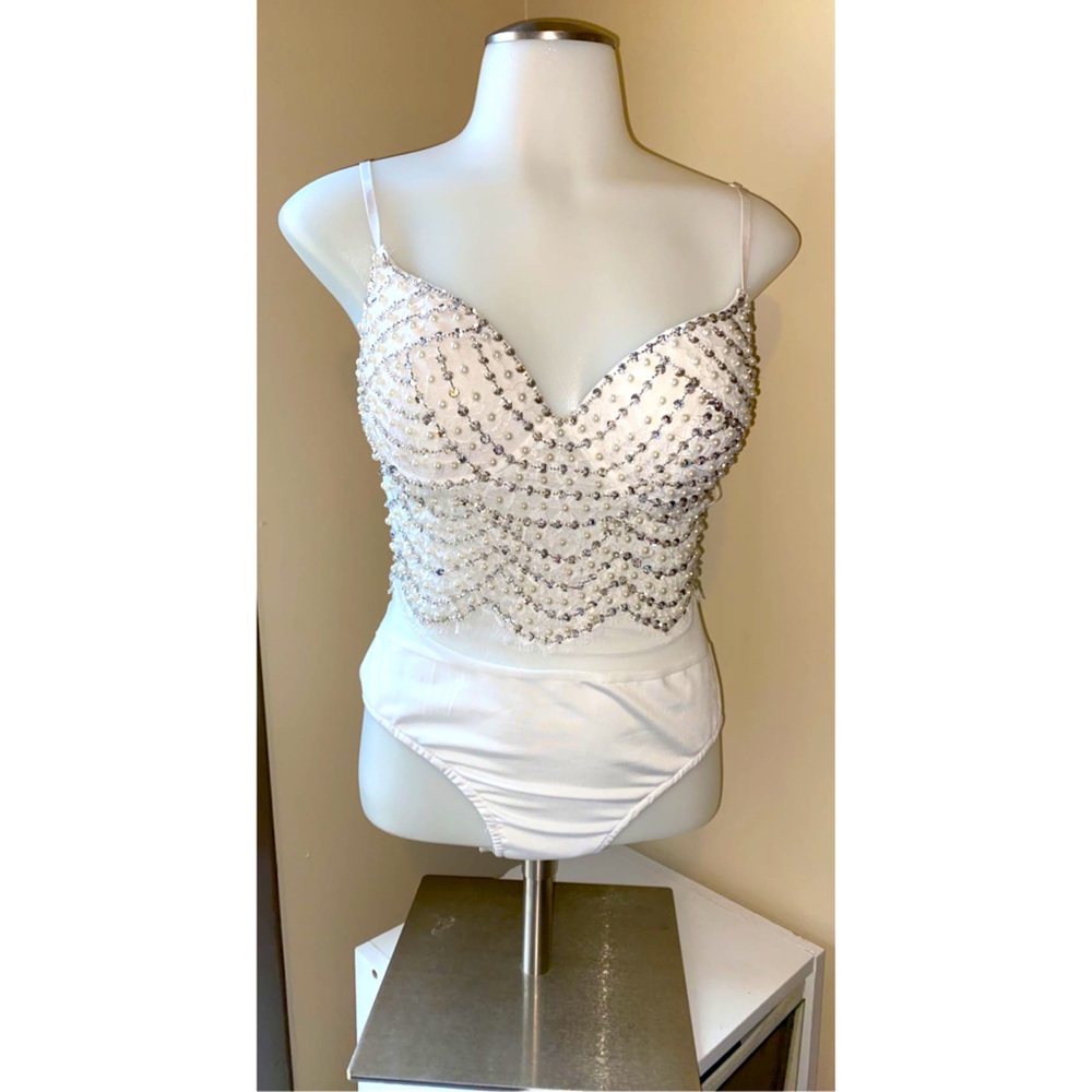 White Rhinestone Beaded Bodysuit